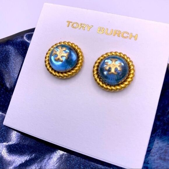 NWOT Tory Burch Gold Logo Light Blue Iridescent Stud Earrings - Picture 4 of 8